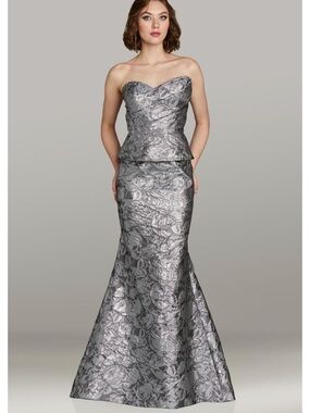 Strapless Silver Metallic Brocade Peplum Evening Dress